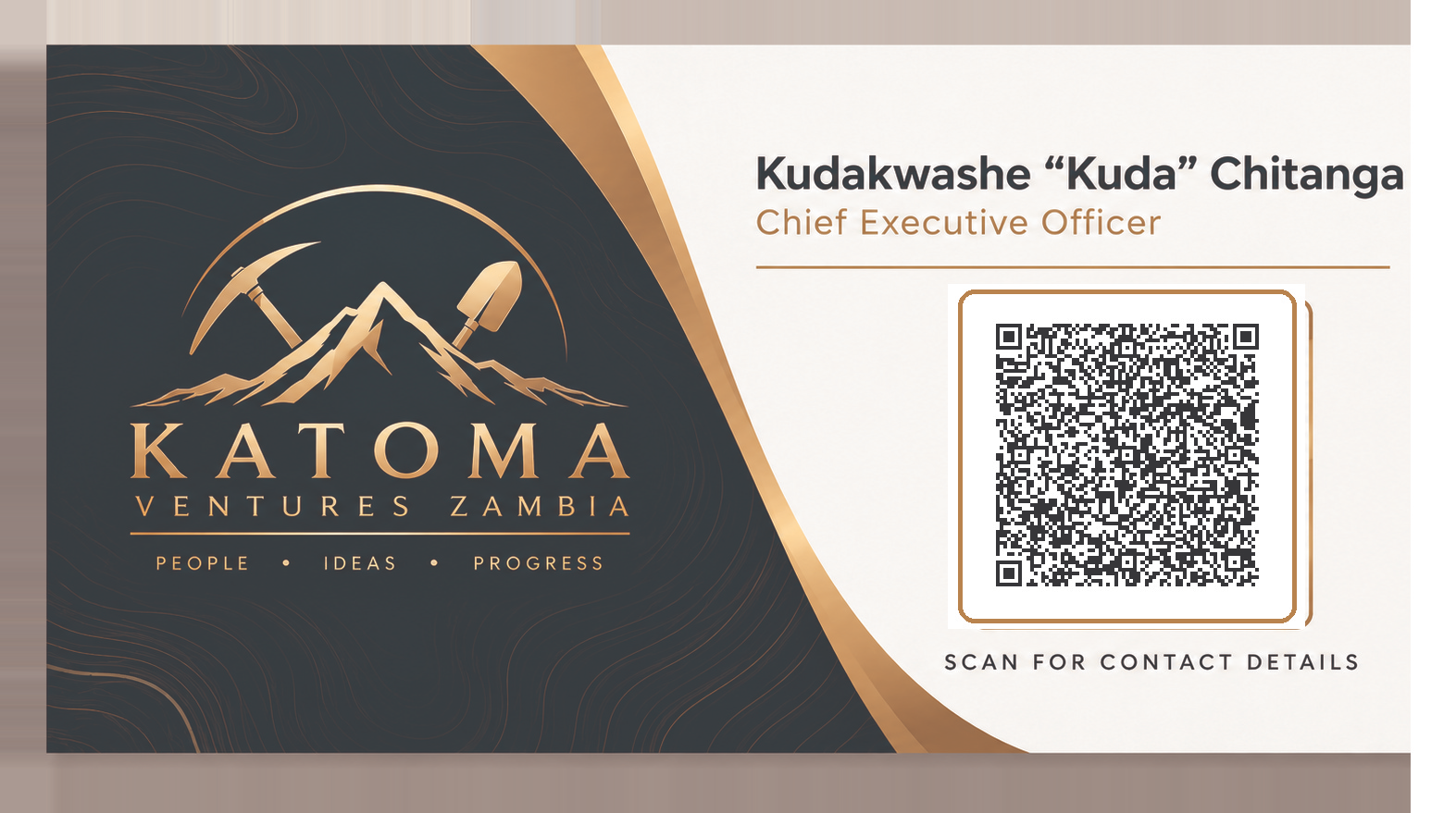 Business card for Kudakwashe “Kuda” Chitanga, Chief Executive Officer. The card reads Katoma Ventures Zambia and includes a QR code for contact details.
